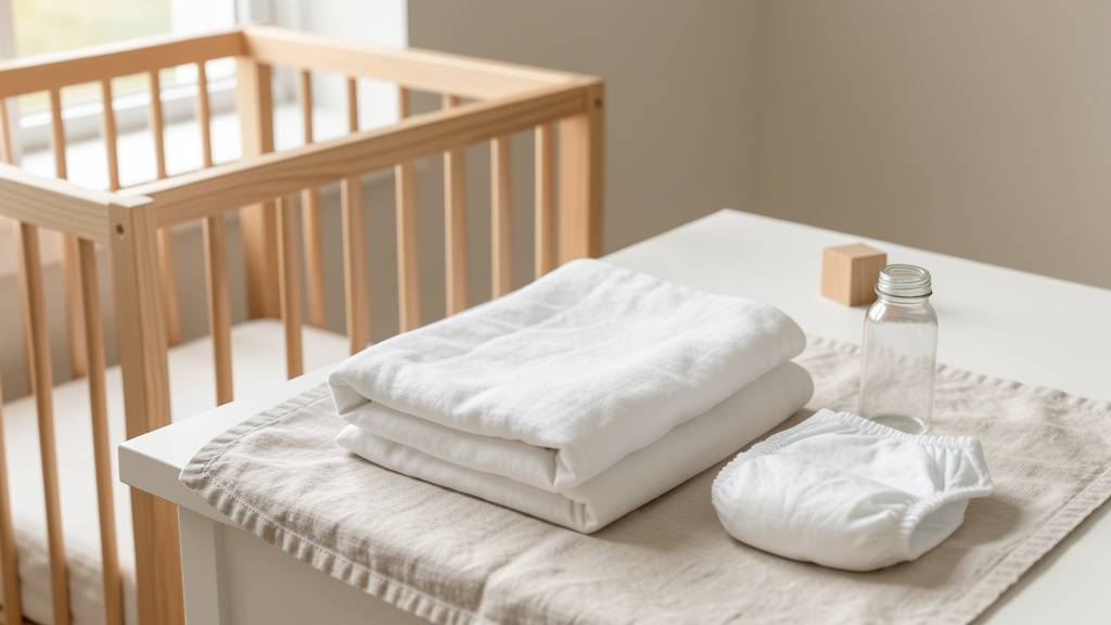Équipements bébé bien organisés dans une chambre d'enfant claire et épurée, mobilier bois naturel